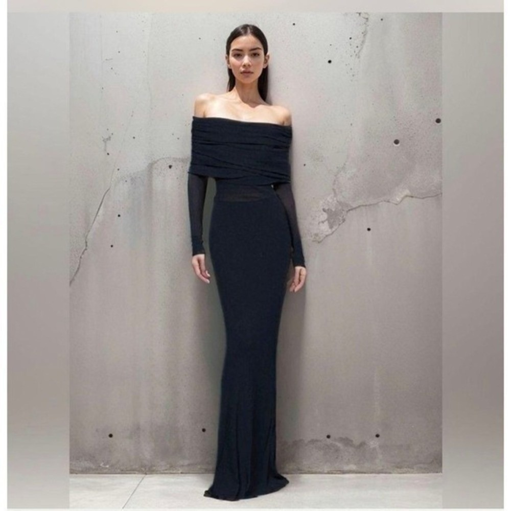 Commense Overfold Off-Shoulder Mesh Long Sleeve Long Dress Black size L New